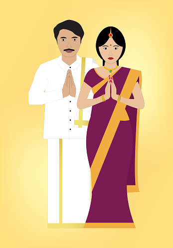 south Indian couples with traditional attires Dhoti and saree welcome vector illustration