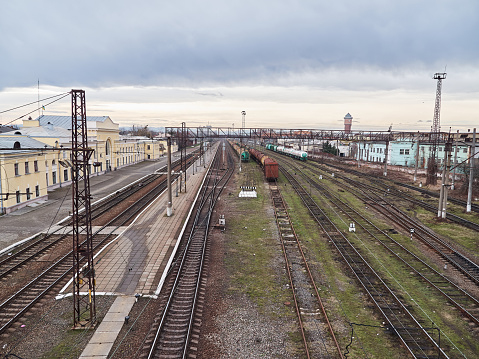 Railway station with many tracks and platforms