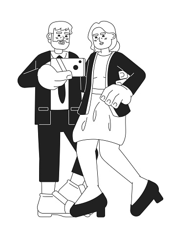 Elderly fashionable couple taking selfie black and white 2D cartoon characters. Seniors taking picture phone isolated vector outline people. Grandparents happy monochromatic flat spot illustration