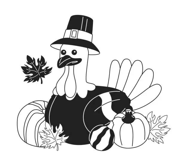Vector illustration of Thanksgiving pilgrim turkey in pumpkins fall black and white 2D cartoon character