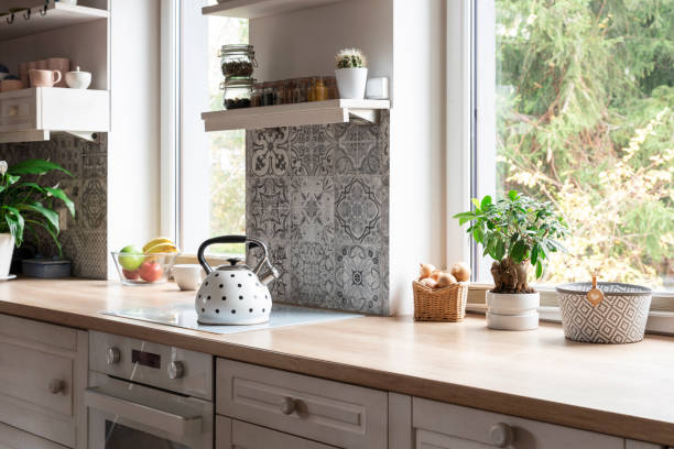 istock Modern kitchen with window and wooden countertop. Home Interior. 1817229753