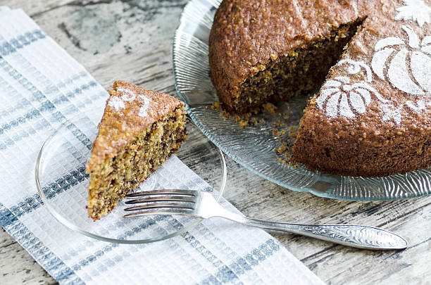 istock Pumpkin cake on glass plate and fork 181724300