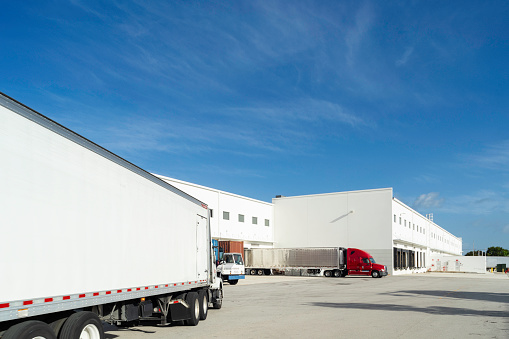 Trucks in loading dock, Miami, Florida, USA