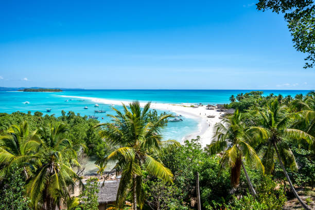 White paradise sand beach with tourists leading into the turquoise blue, clear sea with boats, photographed from hill on green palm tree island. Nosy Be, Nosy Iranja, Madagascar, Africa. Description: White paradise sand beach with tourists leading into the turquoise blue, clear sea with boats, photographed from hill on green palm tree island. Nosy Be, Nosy Iranja, Madagascar, Africa. madagascar beach photos stock pictures, royalty-free photos & images