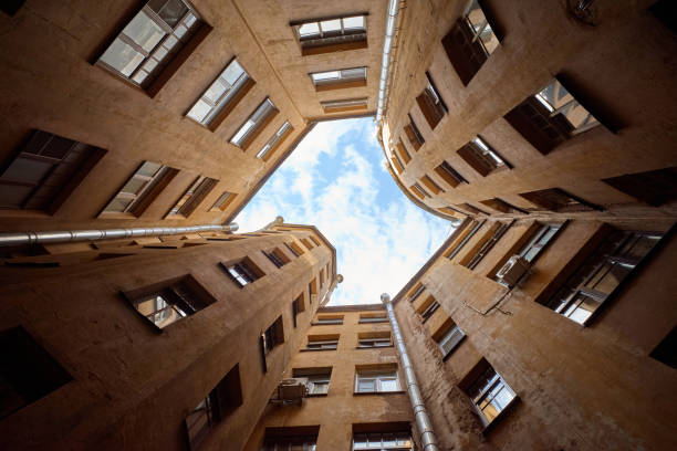 istock Bottom up view of old courtyard well 1817250631