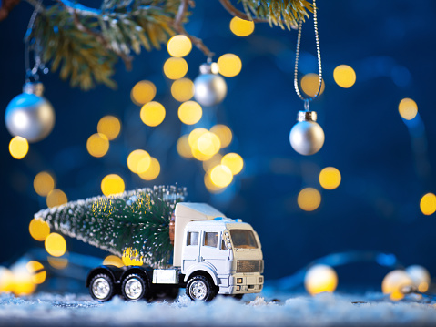 A toy truck is transporting a Christmas tree, blue background.