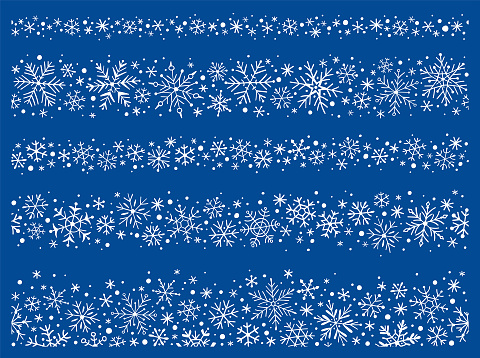 Design elements with hand drawn white snowflakes on a blue background. Set of horizontal seamless border lines.