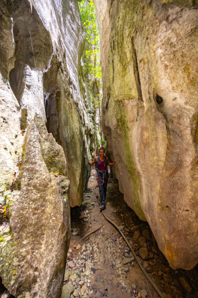 istock Female backpacker with climbing harness walks through narrow, steep, gray sandstone gorge. Tsingy de Bemaraha National Park, Madagascar, Africa. 1817274420
