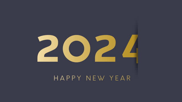 2024 Happy New Year poster, gold colored numbers and text. 4k