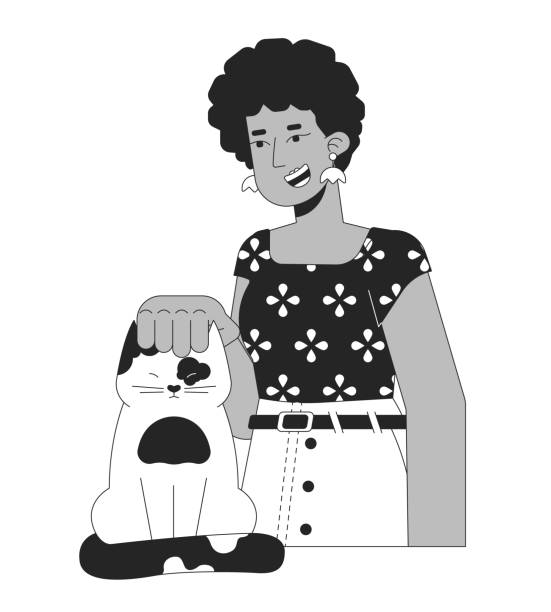 illustrations, cliparts, dessins animés et icônes de femme aux cheveux afro caressant la tête de chat noir et blanc 2d ligne personnage de dessin animé - silhouette animal black domestic cat