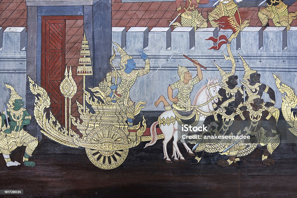 Стенная роспись из Рамаяна в Ват АРП Кео, Бангкок, Таиланд - Стоковые фото Бангкок роялти-фри