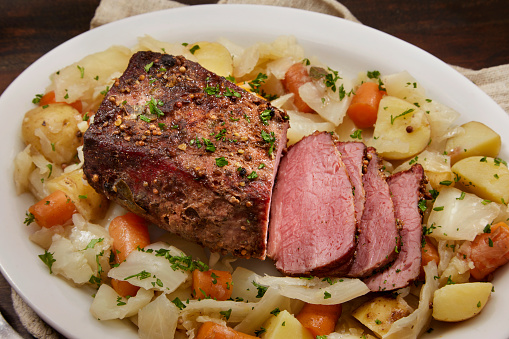 Slow Cooked  Corned Beef and Cabbage Brisket with Potatoes, Onions and Carrots