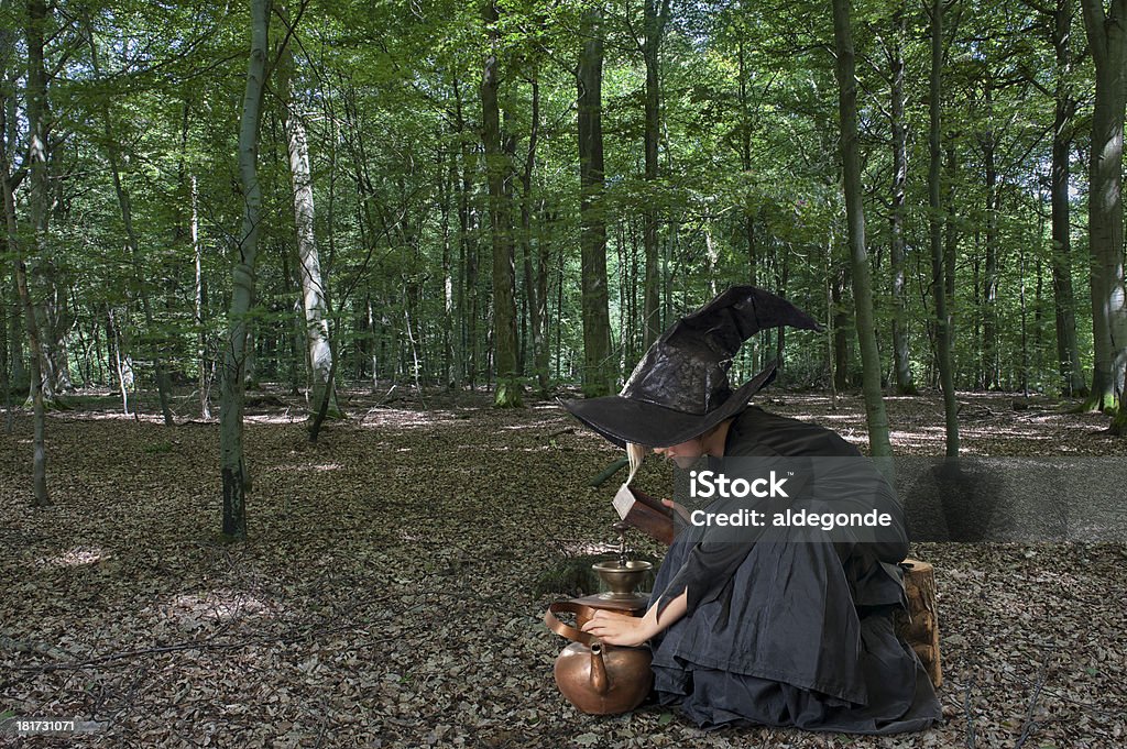 Sorcière d'Halloween en plein air dans les bois - Photo de Assis libre de droits