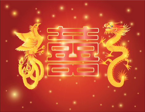 Dragon and Phoenix Double Happiness Red Background Clipart Images