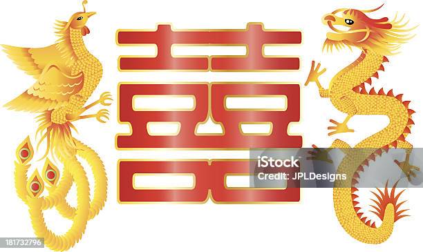 Dragon And Phoenix With Chinese Double Happiness Stock Illustration - Download Image Now - Anniversary, Asian Culture, Bride