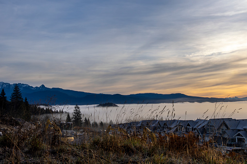 Heavy fog in Burke mountain area of Coquitlam during sunrise, Coquitlam, BC
