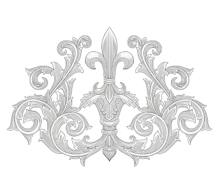 Fleur de lis and ornament floral scroll, Vintage engraving style drawing illustration