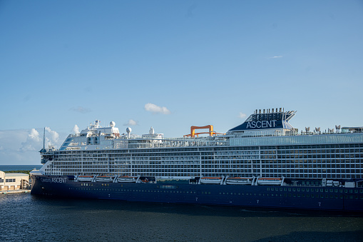 Hythe, UK. Wednesday 35 June 2020. Norwegian Star and MS Queen Victoria in Southampton Docks, with Hythe Pier in the foreground.