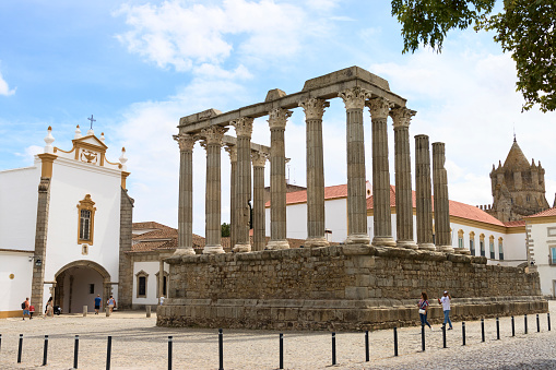 Evora, Portugal - September 6, 2023:  Roman Temple of Diana in Evora, Portugal. This temple was built around the 1st century of the Christian Era in honour of Emperor Augustus. It was only in the 17th century that references to 