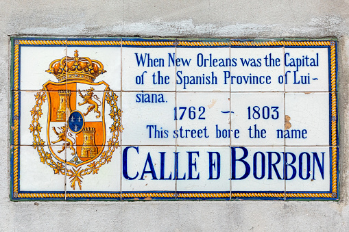 old street name Calle Borbon  - engl Borbon street - on tiles in the French quarter in New Orleans, Louisiana, USA