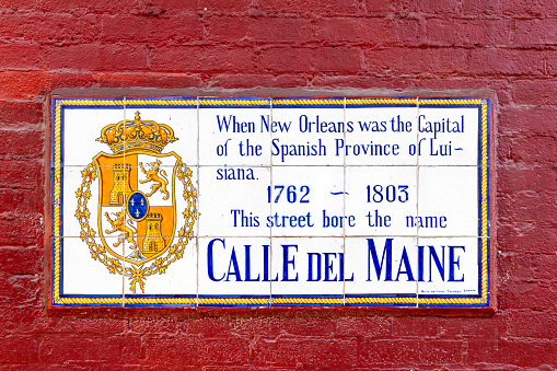 old street name Calle del Maine painted on tiles in the French quarter in New Orleans, Louisiana, USA