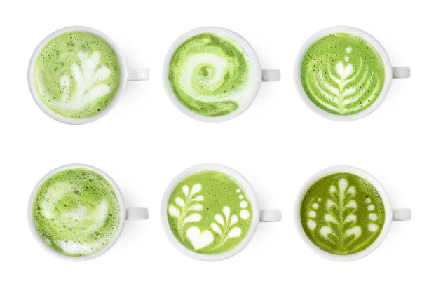 istock Set with cups of matcha latte isolated on white, top view 1817384007