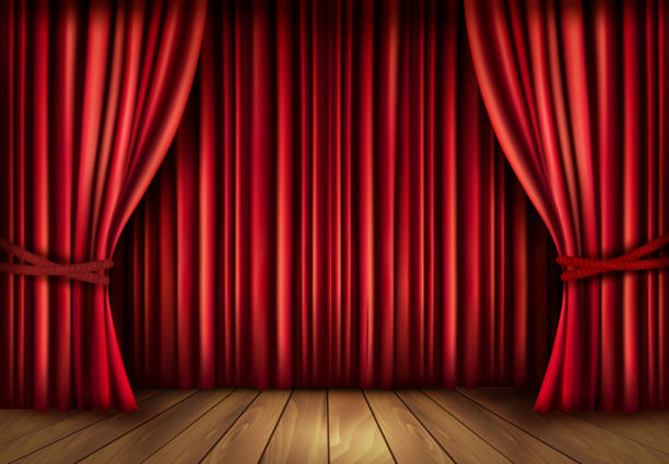 istock Background with red velvet curtain and a wooden floor 181739873