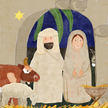 Hand painted watercolor Mary, baby Jesus, Joseph, animals, barn entrance. High quality illustration for cards, stickers, posters, celebration of true Christmas, decoration. Cute minimalistic image