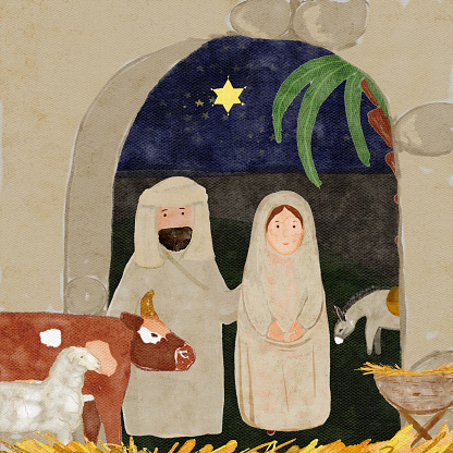 Hand painted watercolor Mary, baby Jesus, Joseph, animals, barn entrance. High quality illustration for cards, stickers, posters, celebration of true Christmas, decoration. Cute minimalistic image