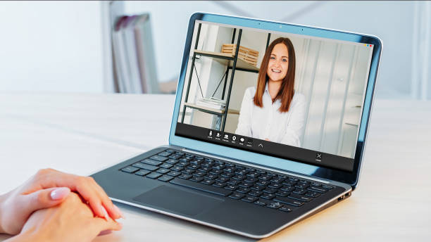 istock Virtual meeting video laptop woman hands call 1817459871