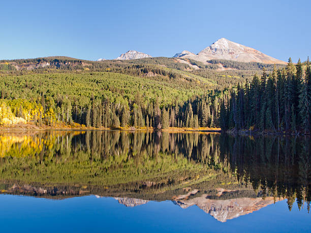 Perfect Reflection Autumn in perfect reflection of Woods Lake, Colorado. colorado rocky mountain national park lake mountain stock pictures, royalty-free photos & images