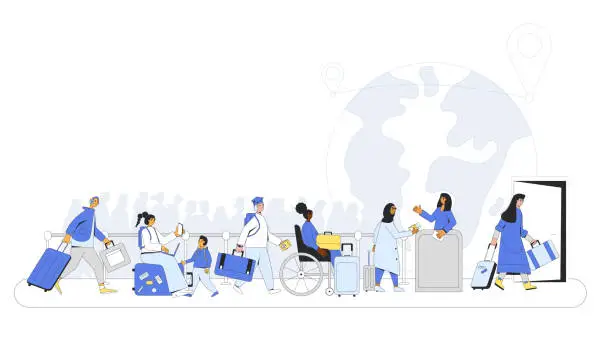 Vector illustration of Immigration law. People waiting to board a flight.