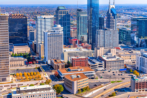Downtown Nashville, Tennessee shot via helicopter from an altitude of about 500 feet.