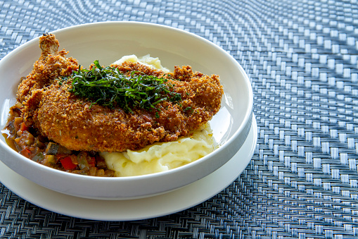 Chicken Tonkatsu with Mashed Potato and Diced Sautéed Vegetables
