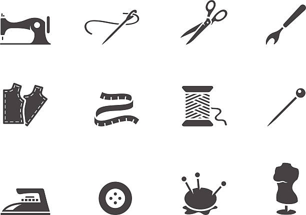 ilustraciones, imágenes clip art, dibujos animados e iconos de stock de bw iconos de coser - seam needle textile industry thread