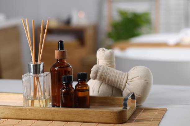 istock Spa products on white table in bathroom, closeup 1817508622