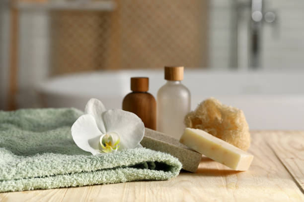 istock Composition with spa products on wooden table in bathroom, closeup 1817510396