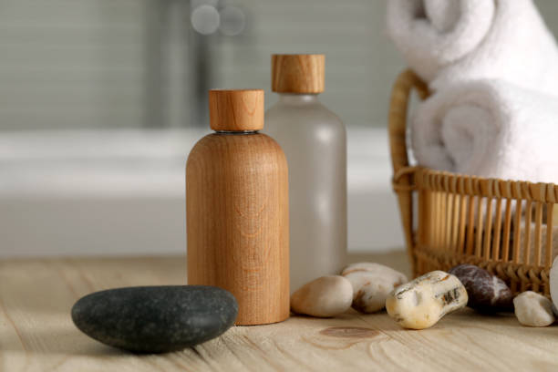istock Composition with spa products on wooden table in bathroom, closeup 1817510406