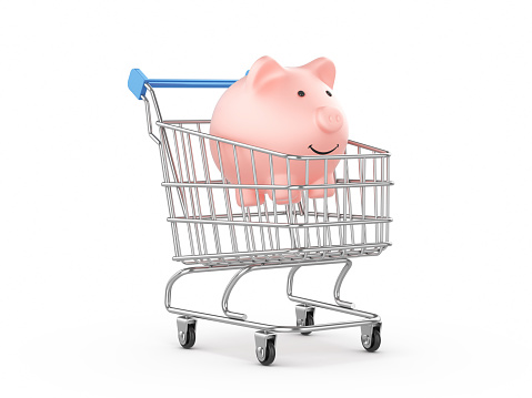 Piggy bank on shopping cart with isolated on white background , payday ,shopping day or sale promotion concept stock photo (Clipping Path)