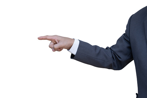 Hand of man in suit pointing with finger isolated on transparent background. PNG File