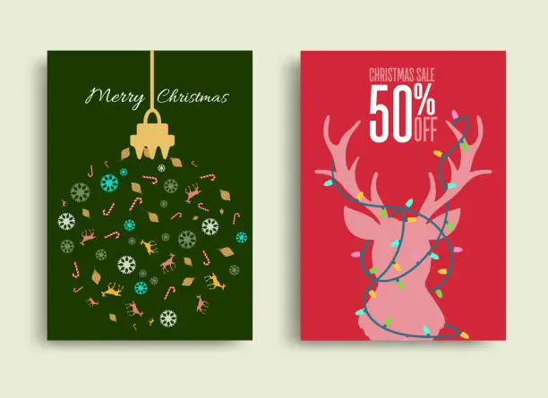 Vector illustration of Winter and Christmas sale vector poster or banner set with discount text reindeer ornament and elements in red and green background for shopping promotion. Vector illustration.