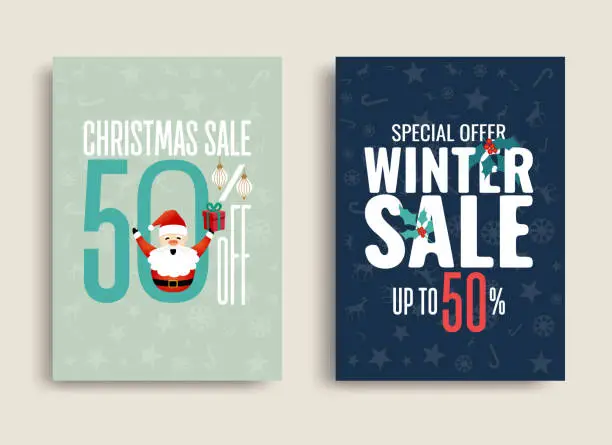 Vector illustration of Winter and Christmas sale vector poster or banner set with discount text and Santa Claus elements in blue and green background for shopping promotion. Vector illustration.