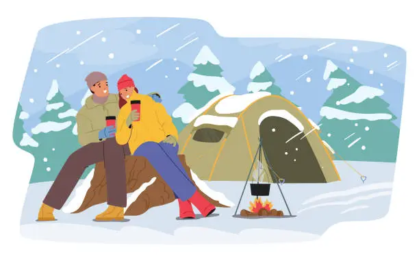 Vector illustration of People Gather near the Cozy Tent During Their Hiking Camp In The Serene Winter Wilderness. Roaring Fire