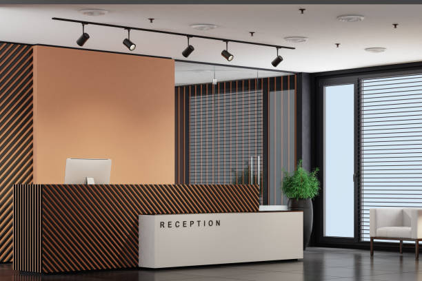 istock Modern office interior reception area with big desk 1817564127
