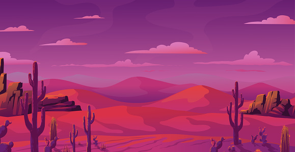 Arizona desert landscape. Sunset dusk. Mountains scenery. Cactus in hot prairie lands. Pink dry canyon game scene. African Sahara. Sand dunes. Scenic wild panorama. Vector illustration background