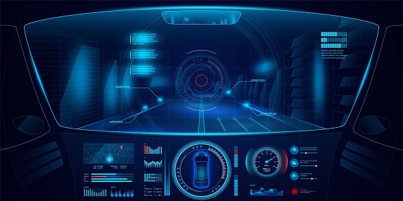 Game car control panel. Autonomous drive. Vehicle cockpit interface. Digital future road dashboard. Automotive technology. Playing UI design. Vehicle navigation map. Vector virtual gaming background