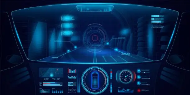Vector illustration of Game car control panel. Autonomous drive. Vehicle cockpit interface. Digital road dashboard. Automotive technology. UI design. Vehicle navigation map. Vector virtual gaming background