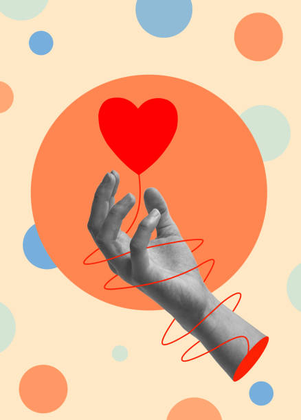 istock Human hand holding a red heart on a colorful background with circles.Art collage 1817576743