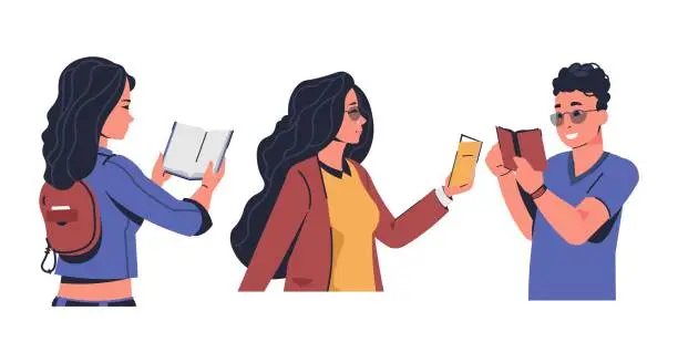 Vector illustration of People love reading. Happy men and women holding books. Students in library or bookstore. Guys and girls enjoy of novels. Literature studying. Knowledge and education. Vector readers set