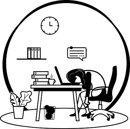 Exhausted Manager at Work Sitting at Table with Head Down concept, Depleted Leadership vector icon design, White Collar Fatigue symbol Sedentary lifestyle sign office syndrome scene stock illustration